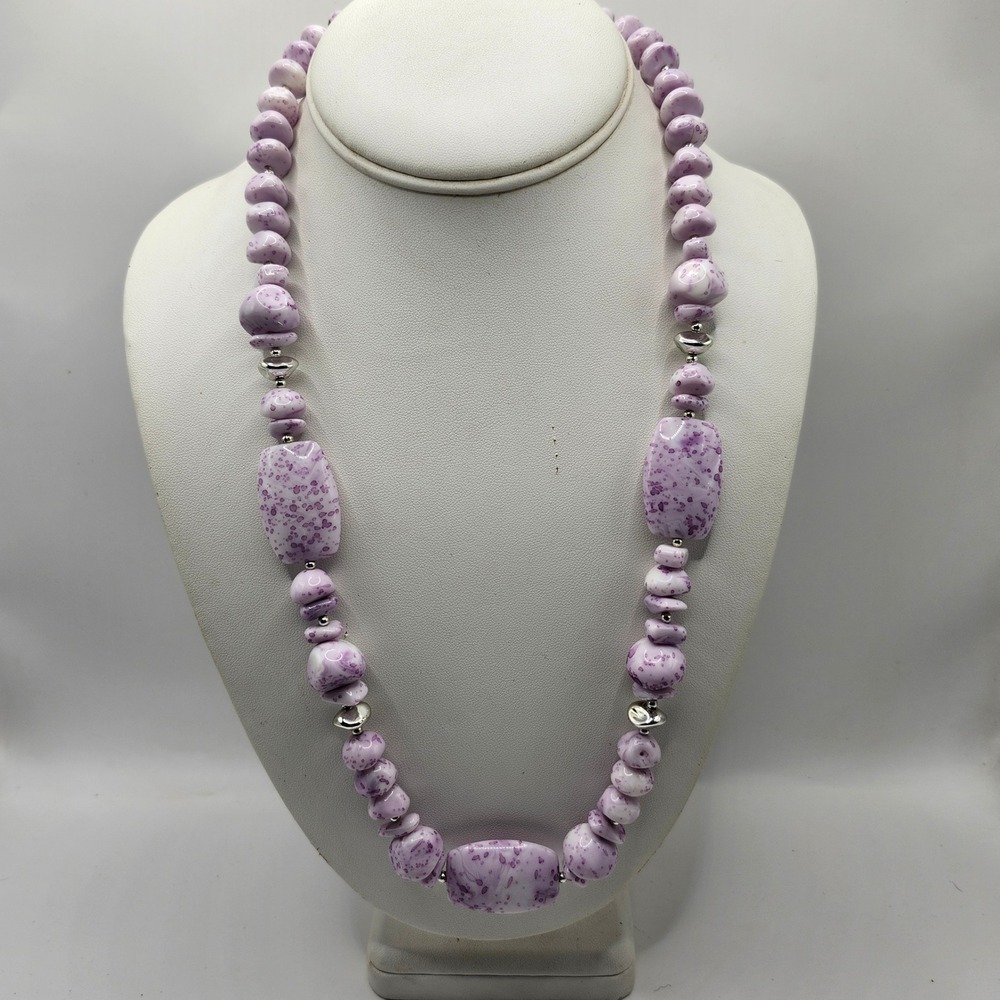 Purple Speckled Acrylic Bead Necklace Silver Tone Spacers Lobster Claw Clasp